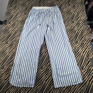 Salty Lemon Blue White Striped Wide Leg Beach Pants Tassel Drawstring Medium